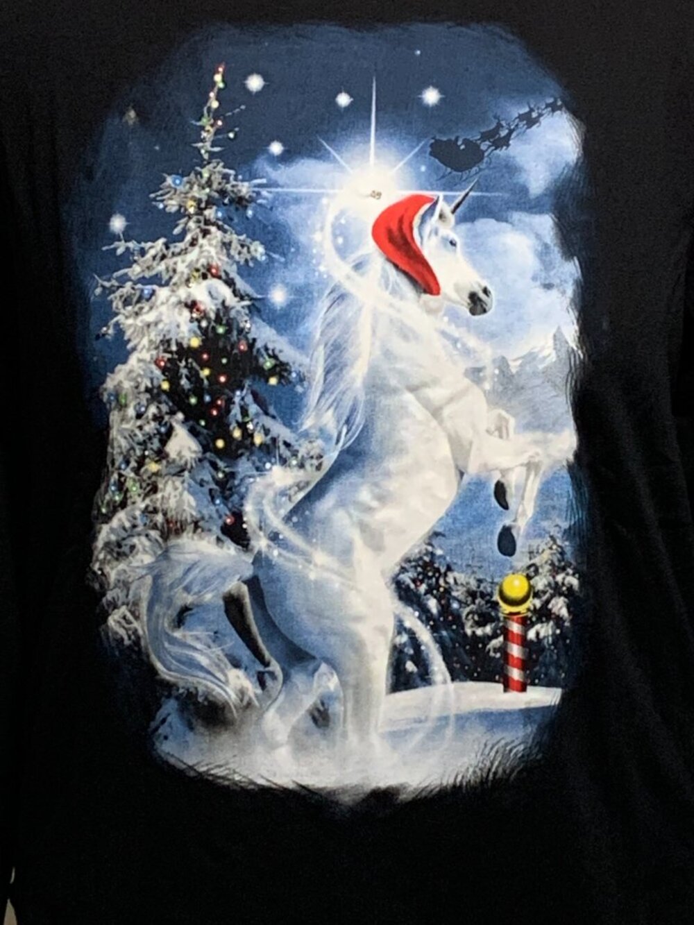 Ugly Christmas Sweatshirt Unicorn Santa Hat Tree Light Up Black MENS Womens XL - Picture 2 of 5